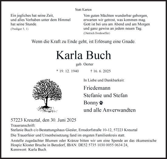 Traueranzeige von Karla Buch von Siegener Zeitung