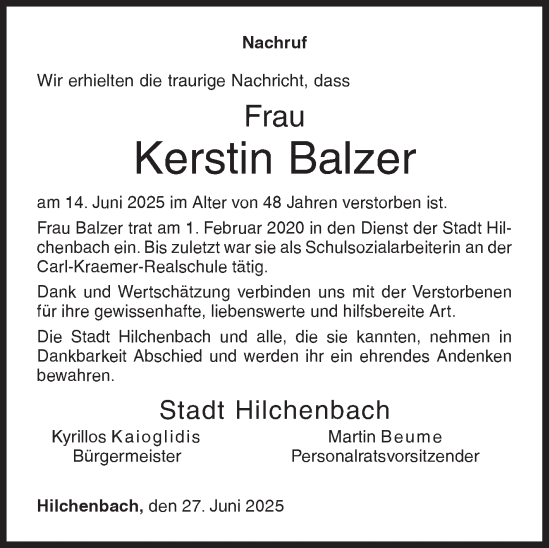 Traueranzeige von Kerstin Balzer von Siegener Zeitung