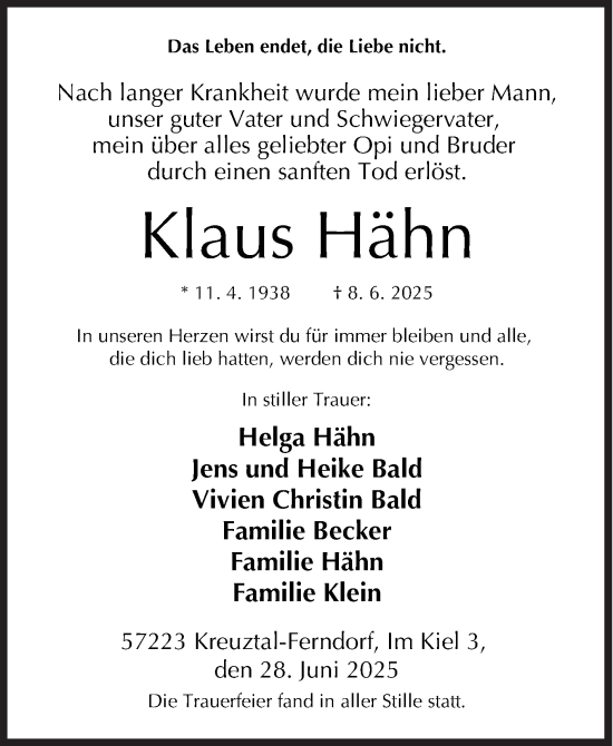 Traueranzeige von Klaus Hähn von Siegener Zeitung