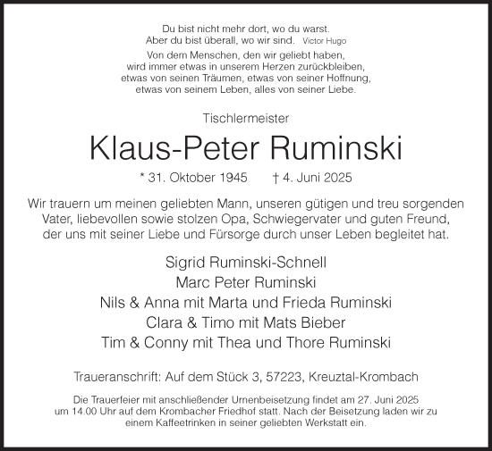 Traueranzeige von Klaus-Peter Ruminski von Siegener Zeitung