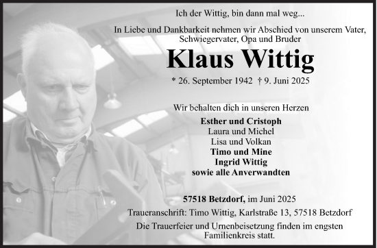 Traueranzeige von Klaus Wittig von Siegener Zeitung