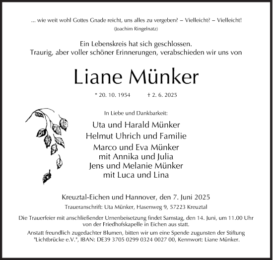 Traueranzeige von Liane Münker von Siegener Zeitung