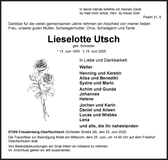 Traueranzeige von Lieselotte Utsch von Siegener Zeitung
