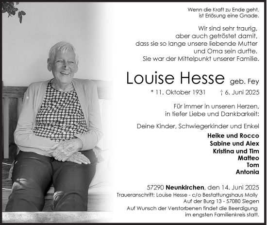 Traueranzeige von Louise Hesse von Siegener Zeitung