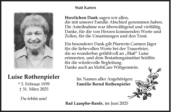 Traueranzeige von Luise Rothenpieler von Siegener Zeitung