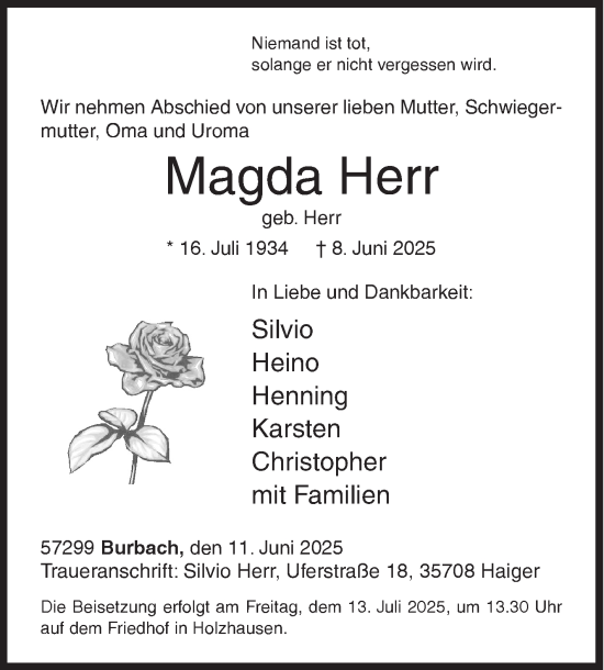 Traueranzeige von Magda Herr von Siegener Zeitung