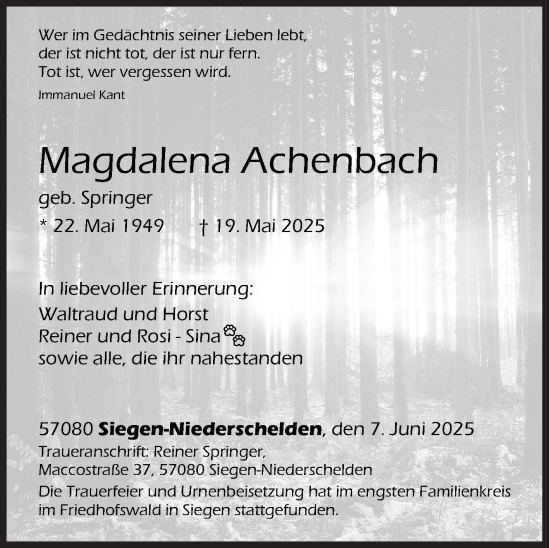 Traueranzeige von Magdalena Achenbach von Siegener Zeitung