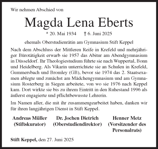 Traueranzeige von Magda Lena Eberts von Siegener Zeitung