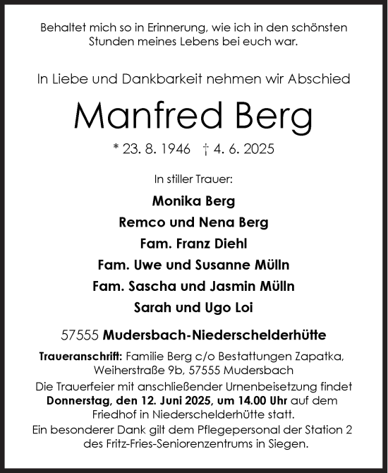Traueranzeige von Manfred Berg von Siegener Zeitung