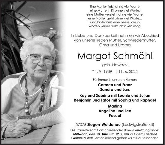 Traueranzeige von Margot Schmähl von Siegener Zeitung