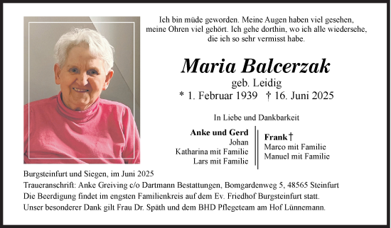 Traueranzeige von Maria Balcerzak von Siegener Zeitung