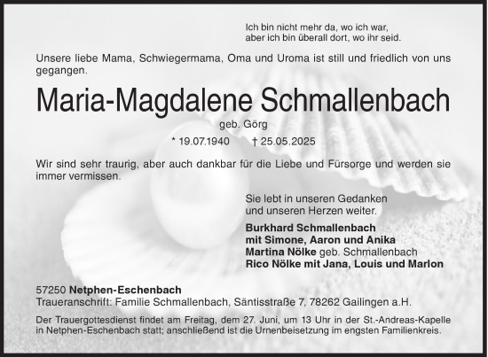 Traueranzeige von Maria-Magdalene Schmallenbach von Siegener Zeitung