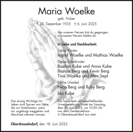 Traueranzeige von Maria Woelke von Siegener Zeitung