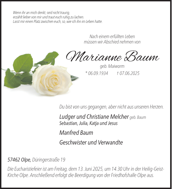 Traueranzeige von Marianne Baum von Siegener Zeitung