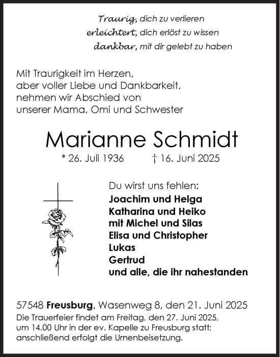 Traueranzeige von Marianne Schmidt von Siegener Zeitung