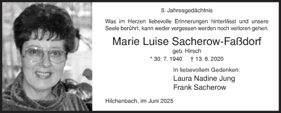 Traueranzeige von Marie Luise Sacherow-Faßdorf von Siegener Zeitung
