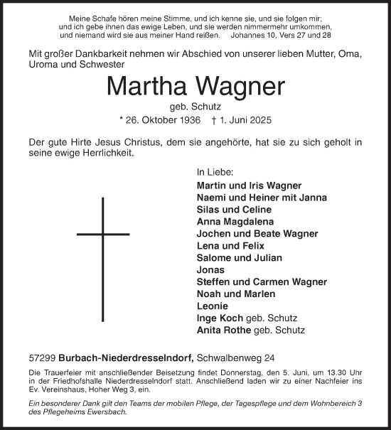 Traueranzeige von Martha Wagner von Siegener Zeitung
