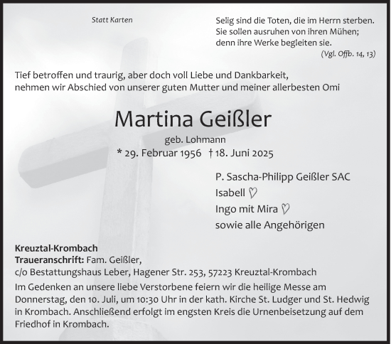 Traueranzeige von Martina Geißler von Siegener Zeitung