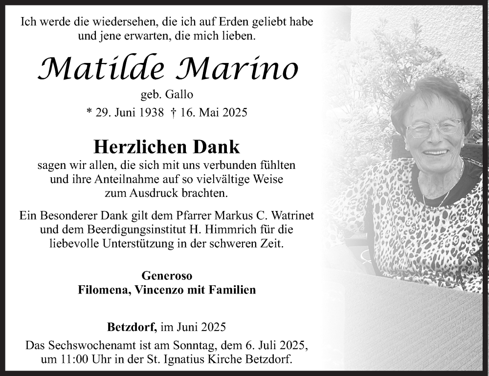  Traueranzeige für Matilde Marino vom 27.06.2025 aus Siegener Zeitung