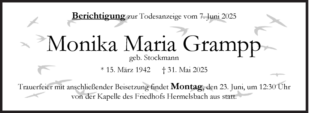  Traueranzeige für Monika Maria Grampp vom 14.06.2025 aus Siegener Zeitung
