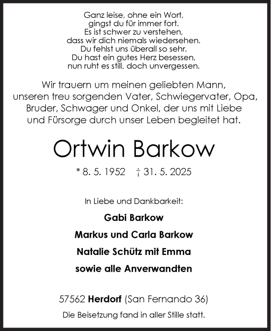 Traueranzeige von Ortwin Barkow von Siegener Zeitung
