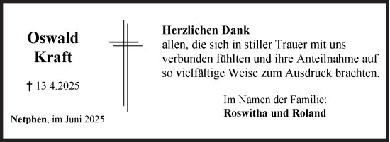Traueranzeige von Oswald Kraft von Siegener Zeitung