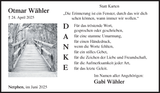 Traueranzeige von Otmar Wähler von Siegener Zeitung