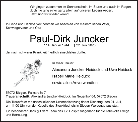 Traueranzeige von Paul-Dirk Juncker von Siegener Zeitung