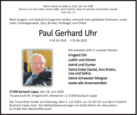 Traueranzeige von Paul Gerhard Uhr von Siegener Zeitung