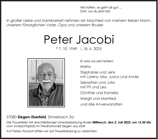 Traueranzeige von Peter Jacobi von Siegener Zeitung