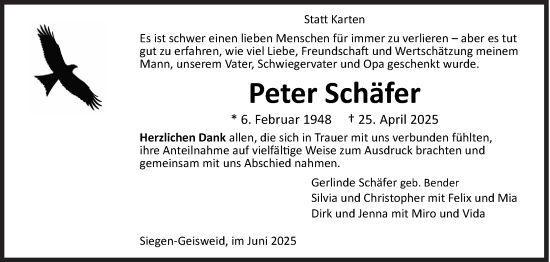 Traueranzeige von Peter Schäfer von Siegener Zeitung