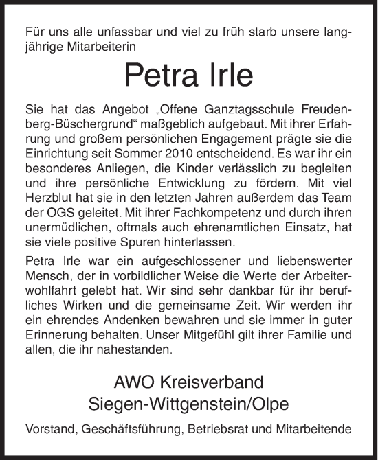Traueranzeige von Petra Irle von Siegener Zeitung