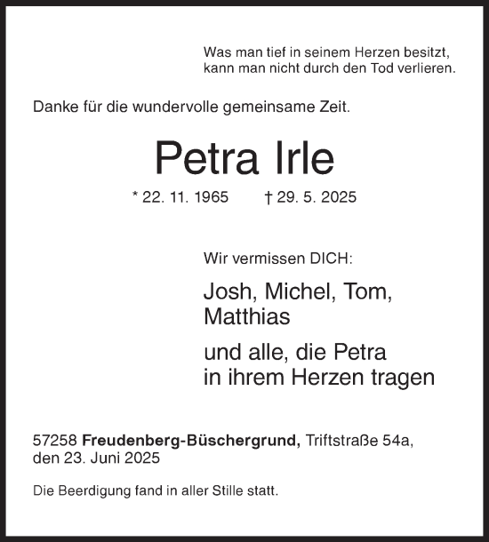 Traueranzeige von Petra Irle von Siegener Zeitung