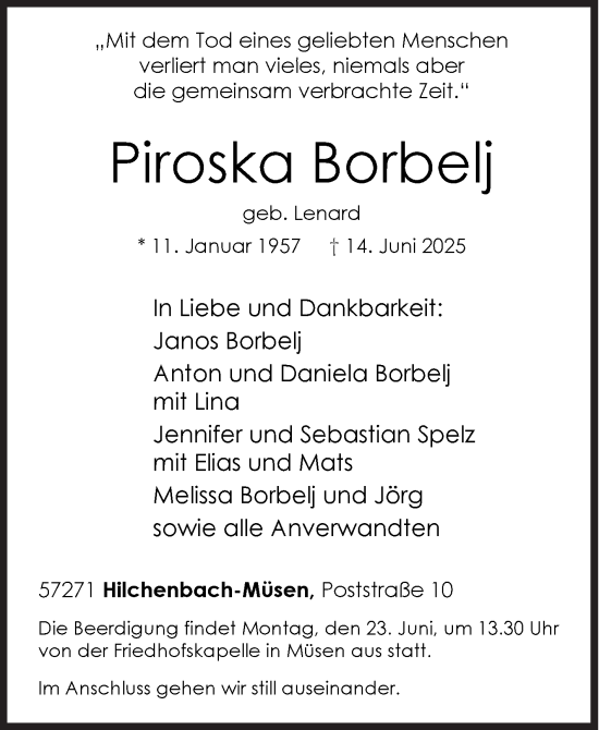 Traueranzeige von Piroska Borbelj von Siegener Zeitung