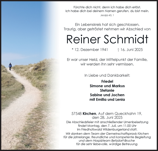 Traueranzeige von Reiner Schmidt von Siegener Zeitung