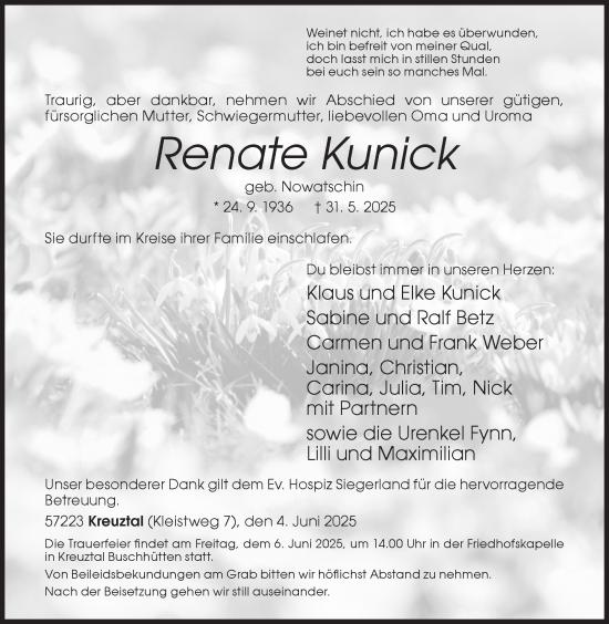 Traueranzeige von Renate Kunick von Siegener Zeitung