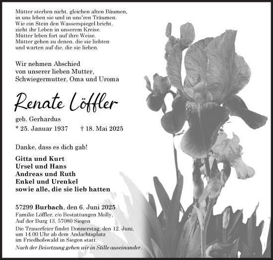 Traueranzeige von Renate Löffler von Siegener Zeitung