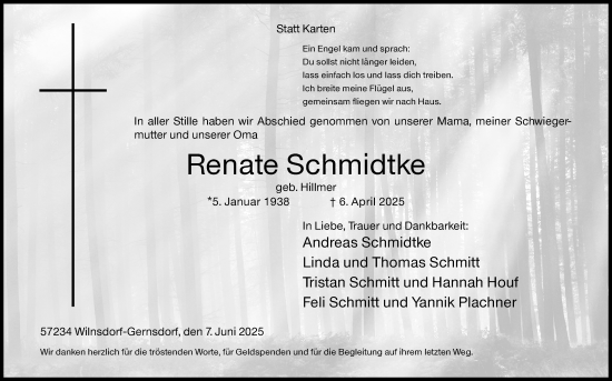 Traueranzeige von Renate Schmidtke von Siegener Zeitung