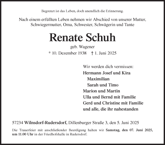 Traueranzeige von Renate Schuh von Siegener Zeitung