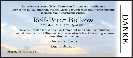 Traueranzeige von Rolf-Peter Bulkow von Siegener Zeitung