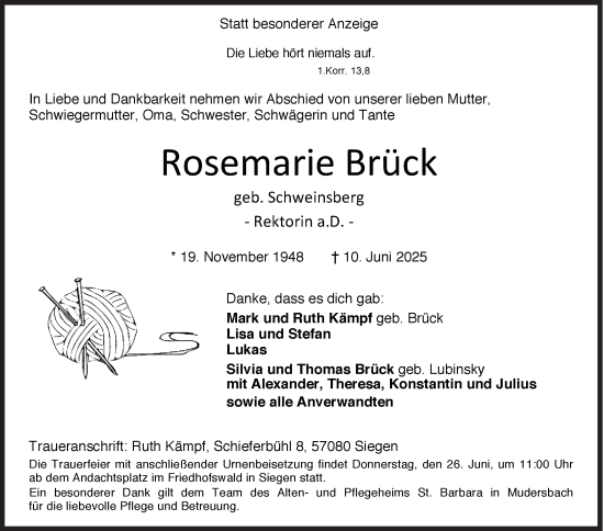 Traueranzeige von Rosemarie Brück von Siegener Zeitung