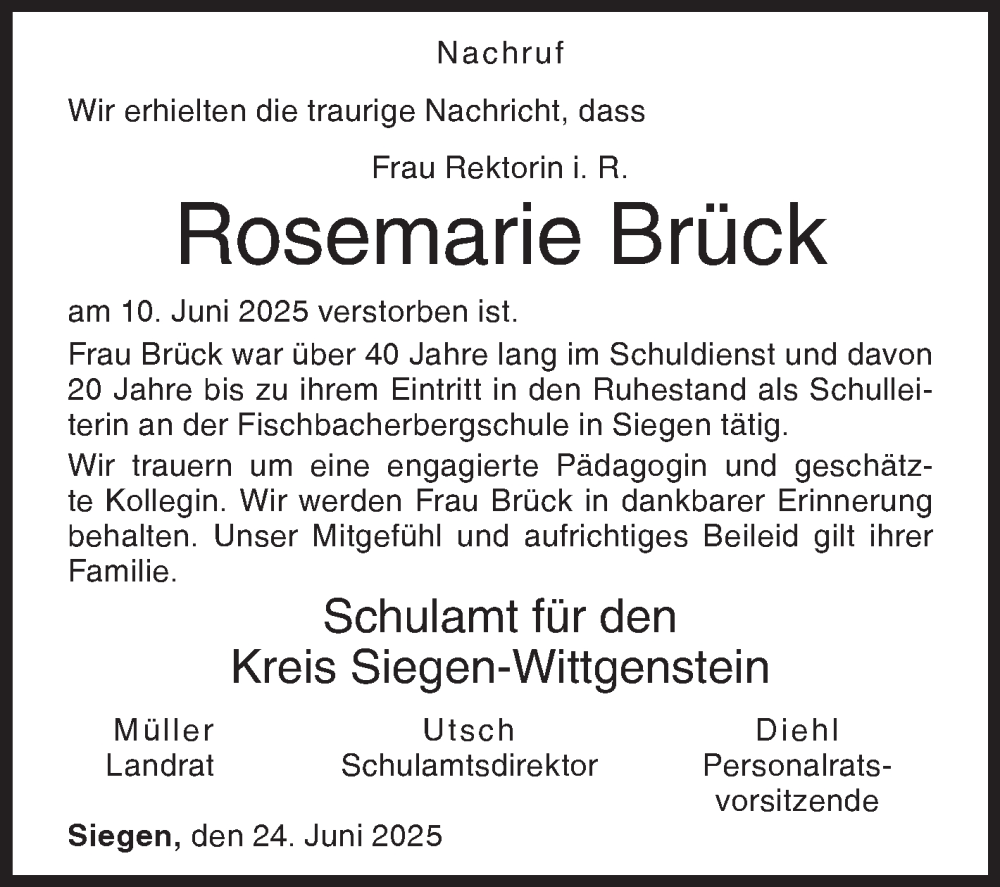  Traueranzeige für Rosemarie Brück vom 24.06.2025 aus Siegener Zeitung