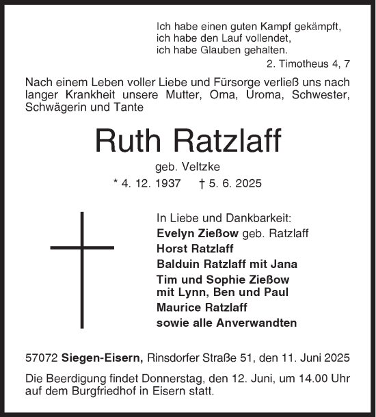 Traueranzeige von Ruth Ratzlaff von Siegener Zeitung