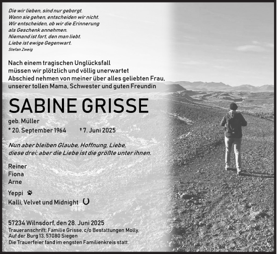 Traueranzeige von Sabine Grisse von Siegener Zeitung