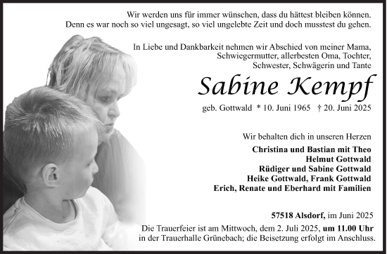 Traueranzeige von Sabine Kempf von Siegener Zeitung