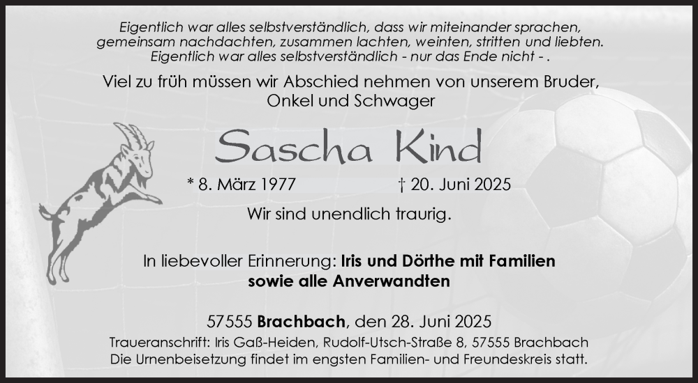  Traueranzeige für Sascha Kind vom 28.06.2025 aus Siegener Zeitung