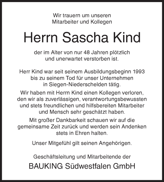 Traueranzeige von Sascha Kind von Siegener Zeitung