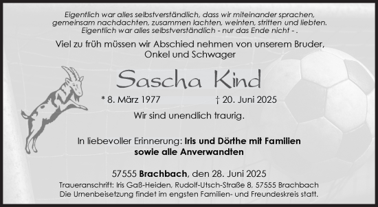 Traueranzeige von Sascha Kind von Siegener Zeitung