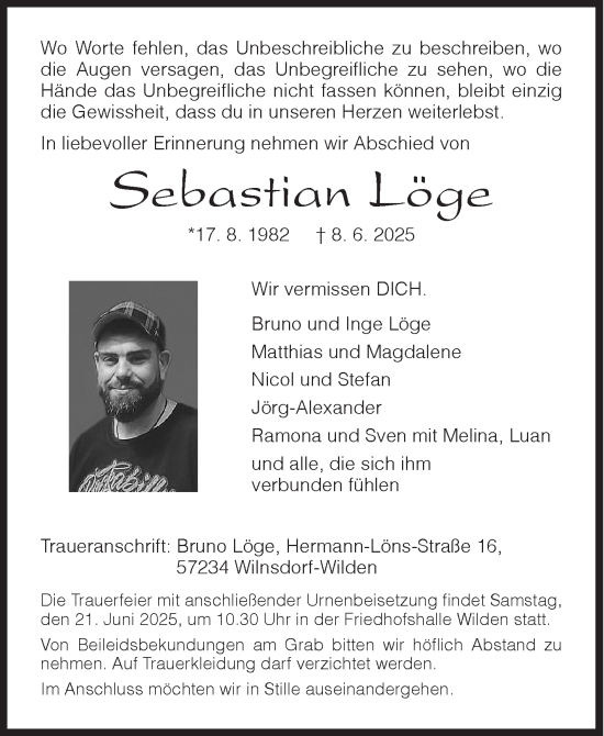 Traueranzeige von Sebastian Löge von Siegener Zeitung