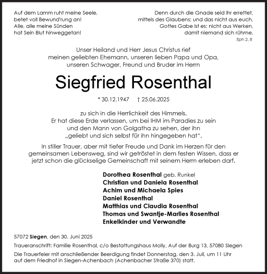 Traueranzeige von Siegfried Rosenthal von Siegener Zeitung